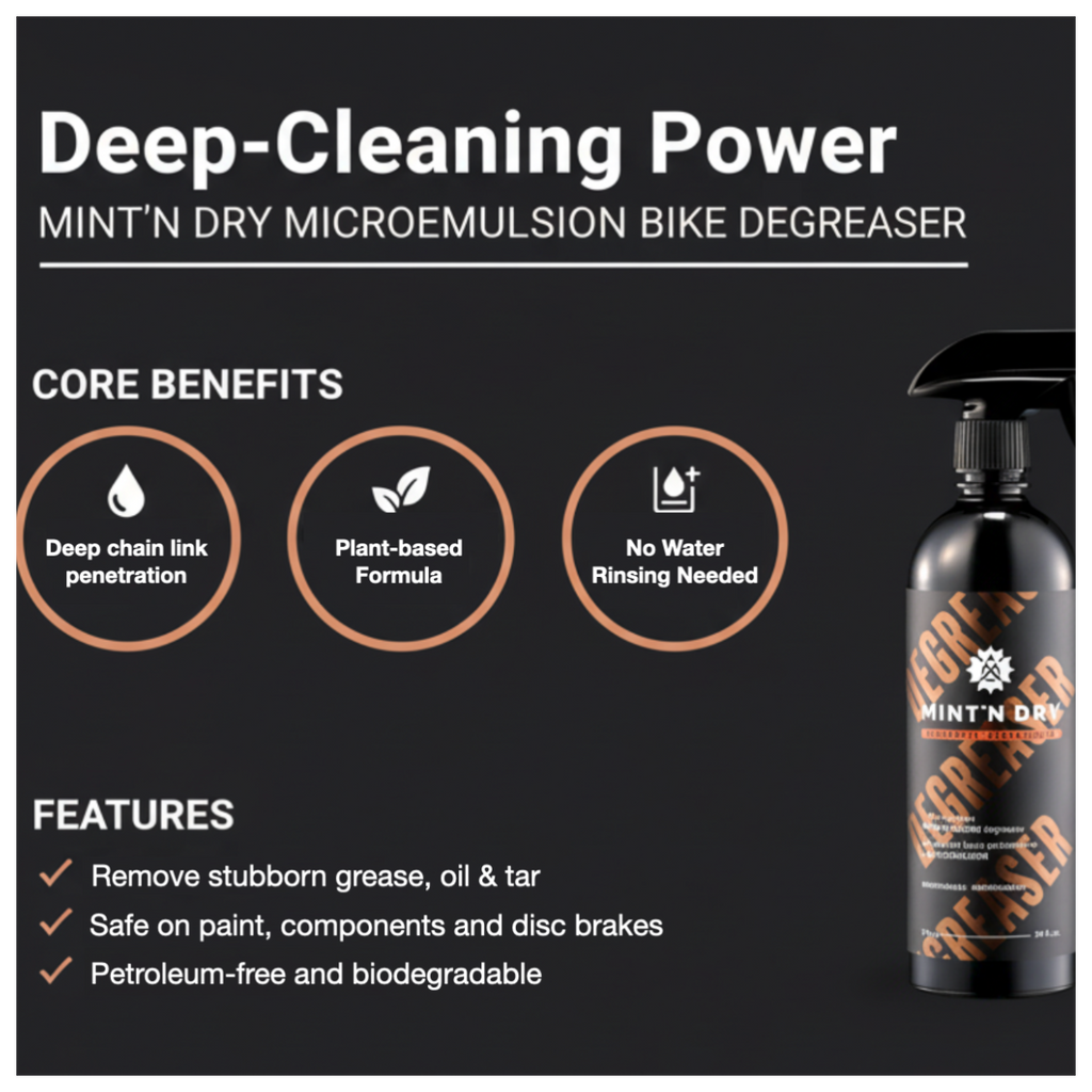 Bike degreaser product with features and benefits on a black background