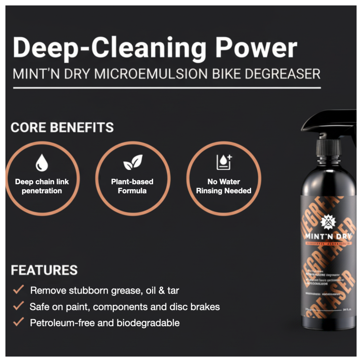 Bike degreaser product with features and benefits on a black background