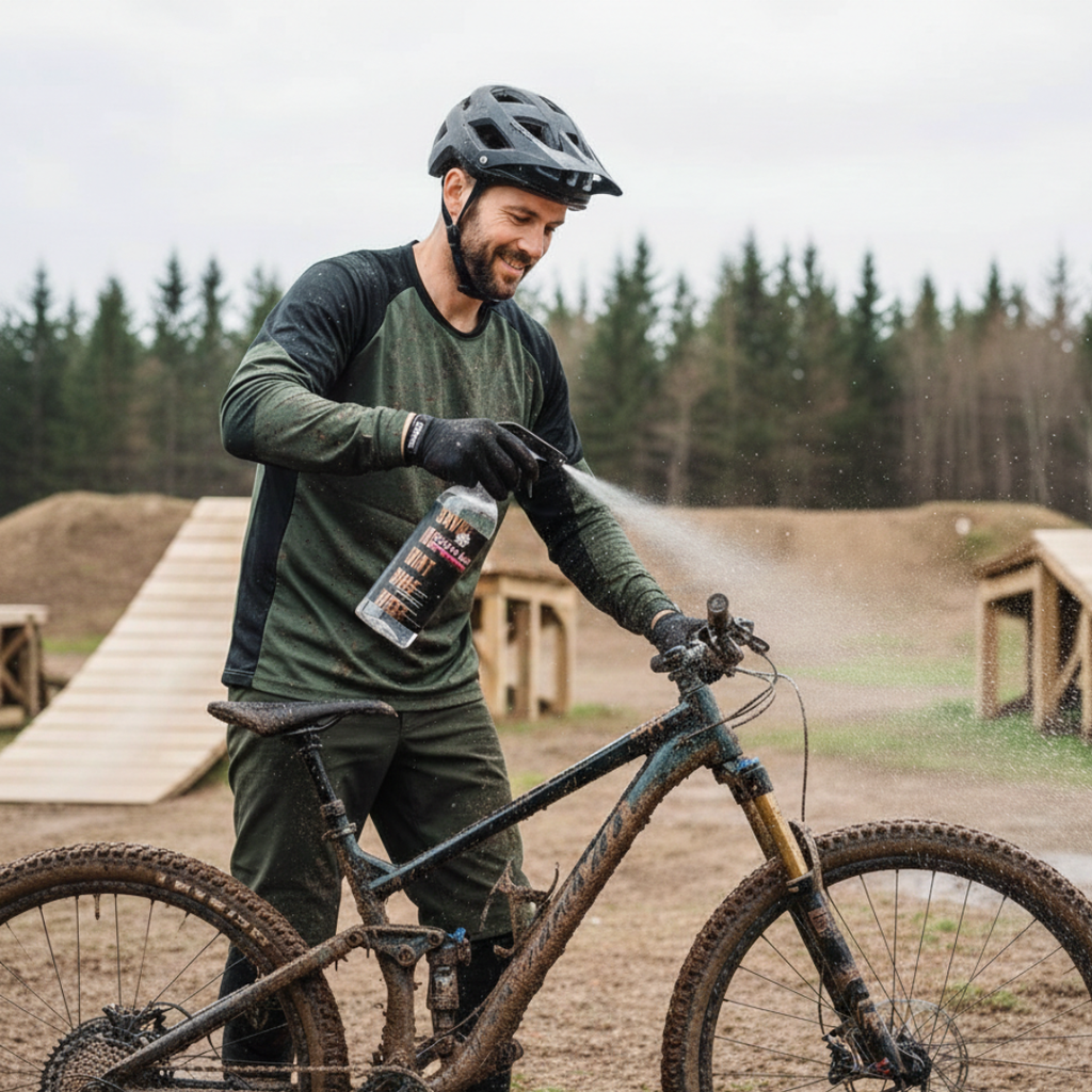 Man cleaning a mountain bike with a spray bottle in a forest setting