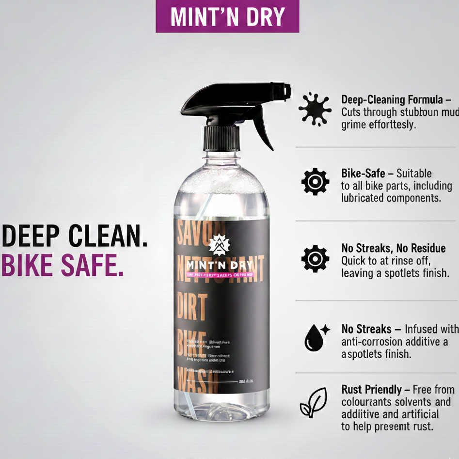 Bottle of 'Mint'n Dry' bike cleaning solution with product benefits on a light gray background.